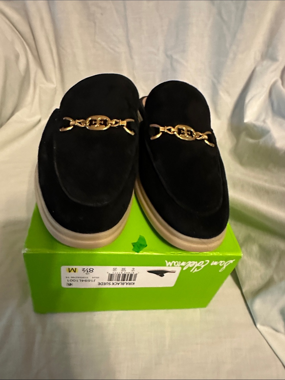 Sam Edelman Black Suede Mules with Gold Chain Accent